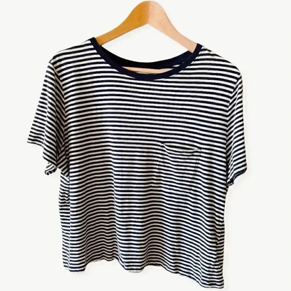 H& M Basic Cotton Box-Cut  Navy White Stripped Cropped Womens Tee SZ L